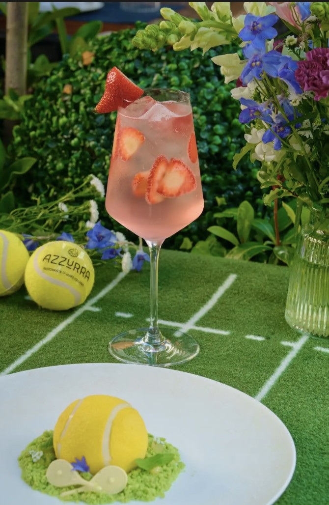 Strawberry botanical cocktail at Azzurra Chelsea, served as part of the restaurant’s Wimbledon-inspired summer drinks menu in Chelsea, London.